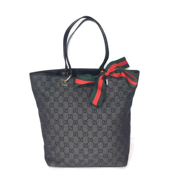 Authentic Gucci black & grey monogram canvas tote bag